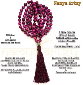 red tiger eye gemstone 108 beads hand-knotted japa mala necklace
