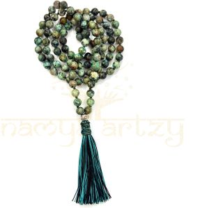 Handmade, Natural African Turquoise 108 Beads Hand-Knotted Japa Mala Necklace