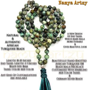 Handmade, Natural African Turquoise 108 Beads Hand-Knotted Japa Mala Necklace