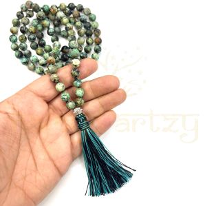 Handmade, Natural African Turquoise 108 Beads Hand-Knotted Japa Mala Necklace