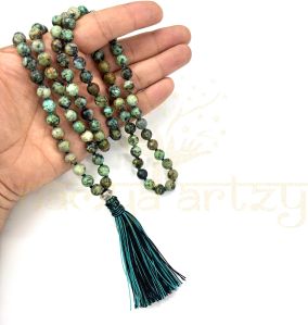 Handmade, Natural African Turquoise 108 Beads Hand-Knotted Japa Mala Necklace