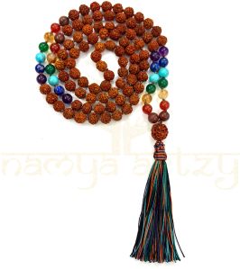 Handmade, Natural 8mm Seven Chakra & Mix Faces Rudraksha Beads Necklace 108 Hand-Knotted Mala