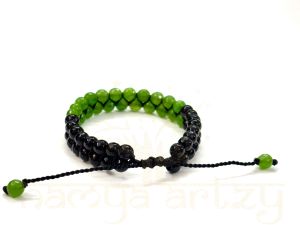 Handmade, Natural & Beautiful Faceted Green Onyx - Black Onyx Gemstone Double Line Macrame Bracelet