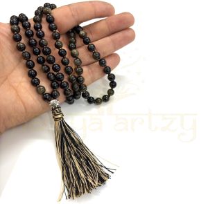 Handmade, Sparkle Golden Obsidian Gemstone 108 Beads Hand-Knotted Mala Necklace