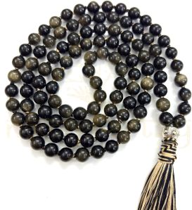 Handmade, Sparkle Golden Obsidian Gemstone 108 Beads Hand-Knotted Mala Necklace