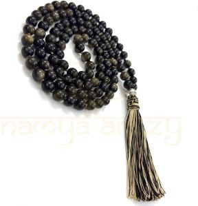 Handmade, Sparkle Golden Obsidian Gemstone 108 Beads Hand-Knotted Mala Necklace