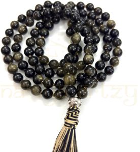 Handmade, Sparkle Golden Obsidian Gemstone 108 Beads Hand-Knotted Mala Necklace