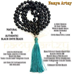 Handmade, Natural Black Onyx Gemstone 108 Beads Hand-Knotted Japa Mala Necklace