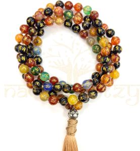 Handmade, Om Mani Padme Hum Stone Mala Beads 108 Knotted Tassel Japa Mala Necklace
