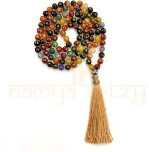 Handmade, Om Mani Padme Hum Stone Mala Beads 108 Knotted Tassel Japa Mala Necklace