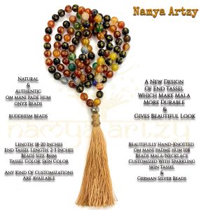 Handmade, Om Mani Padme Hum Stone Mala Beads 108 Knotted Tassel Japa Mala Necklace