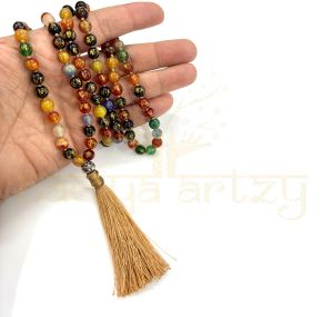 Handmade, Om Mani Padme Hum Stone Mala Beads 108 Knotted Tassel Japa Mala Necklace