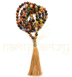 Handmade, Om Mani Padme Hum Stone Mala Beads 108 Knotted Tassel Japa Mala Necklace