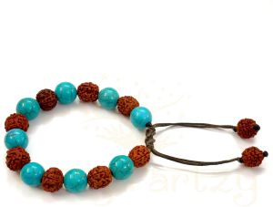 Handmade, Natural Mix-Faces Rudraksha &AMP; Vintage Turquoise Gemstone Hand-Knotted Bracelet