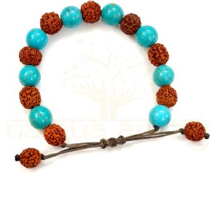 Handmade, Natural Mix-Faces Rudraksha &AMP; Vintage Turquoise Gemstone Hand-Knotted Bracelet