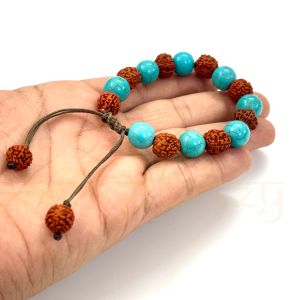 Handmade, Natural Mix-Faces Rudraksha &AMP; Vintage Turquoise Gemstone Hand-Knotted Bracelet