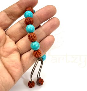 Handmade, Natural Mix-Faces Rudraksha &AMP; Vintage Turquoise Gemstone Hand-Knotted Bracelet