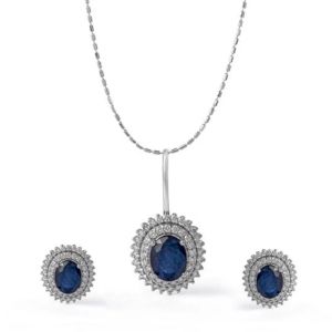 Beyond Sapphire And Double Diamond Women Pendant And Earrings Set