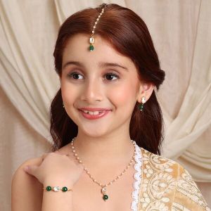 KIDS KUNDAN GREEN STONE JEWELRY SET IN GOLD PLATED