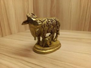 3.2 Inch Brass Kamadhenu Cow and Calf Statue