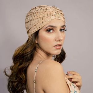 Golden Crystals Beige Women Turban