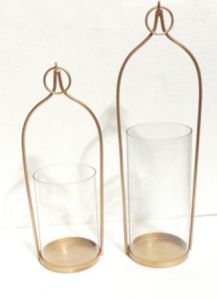 Two Set Glass Candle Holder with Iron Stand