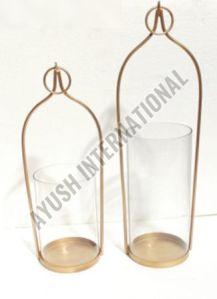 Two Set Glass Candle Holder with Iron Stand