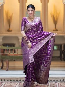 Ladies Purple Embroidered Silk Banarasi Saree
