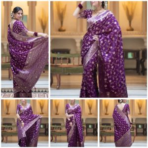 Ladies Purple Embroidered Silk Banarasi Saree