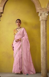 Ladies Baby Pink Designer Organza Saree