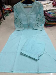 Ladies Blue Cotton Kurta Pant Set