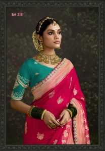 Ladies Dark Pink Dola Silk Embroidered Saree