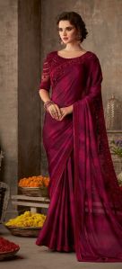 Ladies Dark  Rose Pink Plain Sunshine Silk Saree