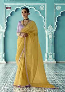 Ladies Elegant Yellow Glass Tissue Organza Saree