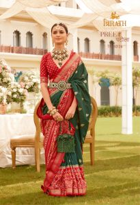 Ladies Green and Red Printed Mercerized Sigma Patola Silk Saree