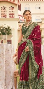 Ladies Green and Wine Printed Mercerized Sigma Patola Silk Saree