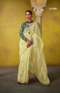 Ladies Light Yellow Organza Saree