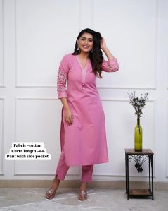 Ladies Pink Cotton Kurta Pant Set