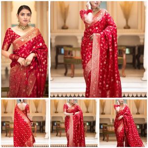 Ladies Red Embroidered Banarasi Saree