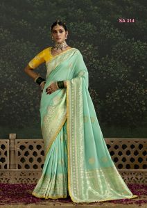 Ladies Sea Green Embroidered Dola Silk Saree