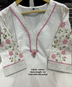 Ladies White Cotton Kurta Pant Set