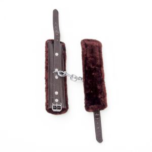 Brown Leather Bdsm Handcuffs with Fur