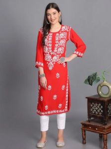 Gala Bata Red Rayon Chikankari Kurti