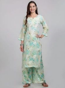 Green Chikankari Mulmul Palazzo Suit