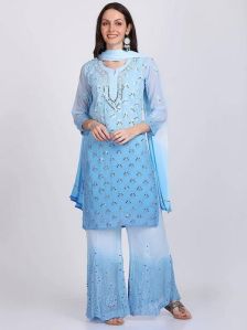 Light Blue Chikankari Chiffon Sharara Suit