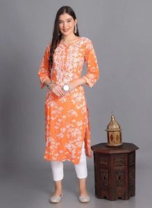 Lucknowi Mulmul Orange Printed Kurti