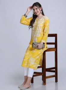 Lucknowi Mulmul Yellow Printed Kurti