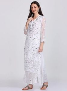 White Chikankari Chiffon Sharara Suit