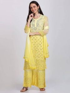 Yellow Chikankari Chiffon Sharara Suit