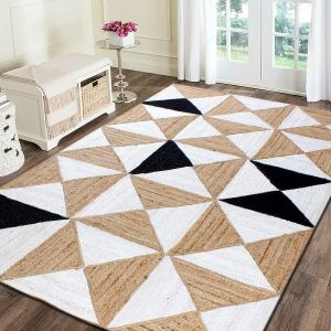 Unique Design Geometric Hand Woven Beige Black Indian Area Rugs for Living Room, Hall